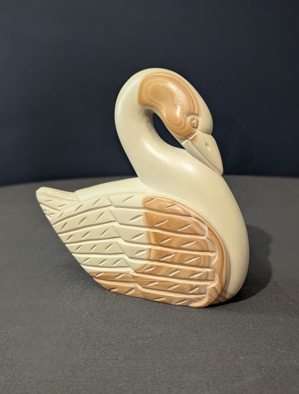 Hand Carved Solid Wood Cream Tan Swan Figurine MCM Minimalism